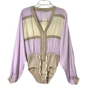 Free People Colorblock Purple Cream V-Neck Long Sleeve Zip Up Bodysuit Small